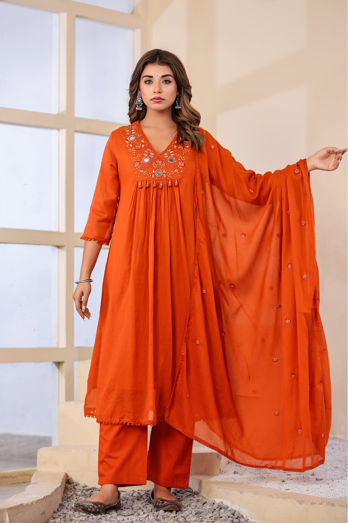 Rust Fabric Mall Cotton Kurti Plazo Dupatta 3Pcs Set
