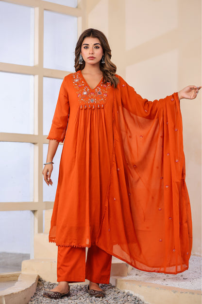 Rust Fabric Mall Cotton Kurti Plazo Dupatta 3Pcs Set
