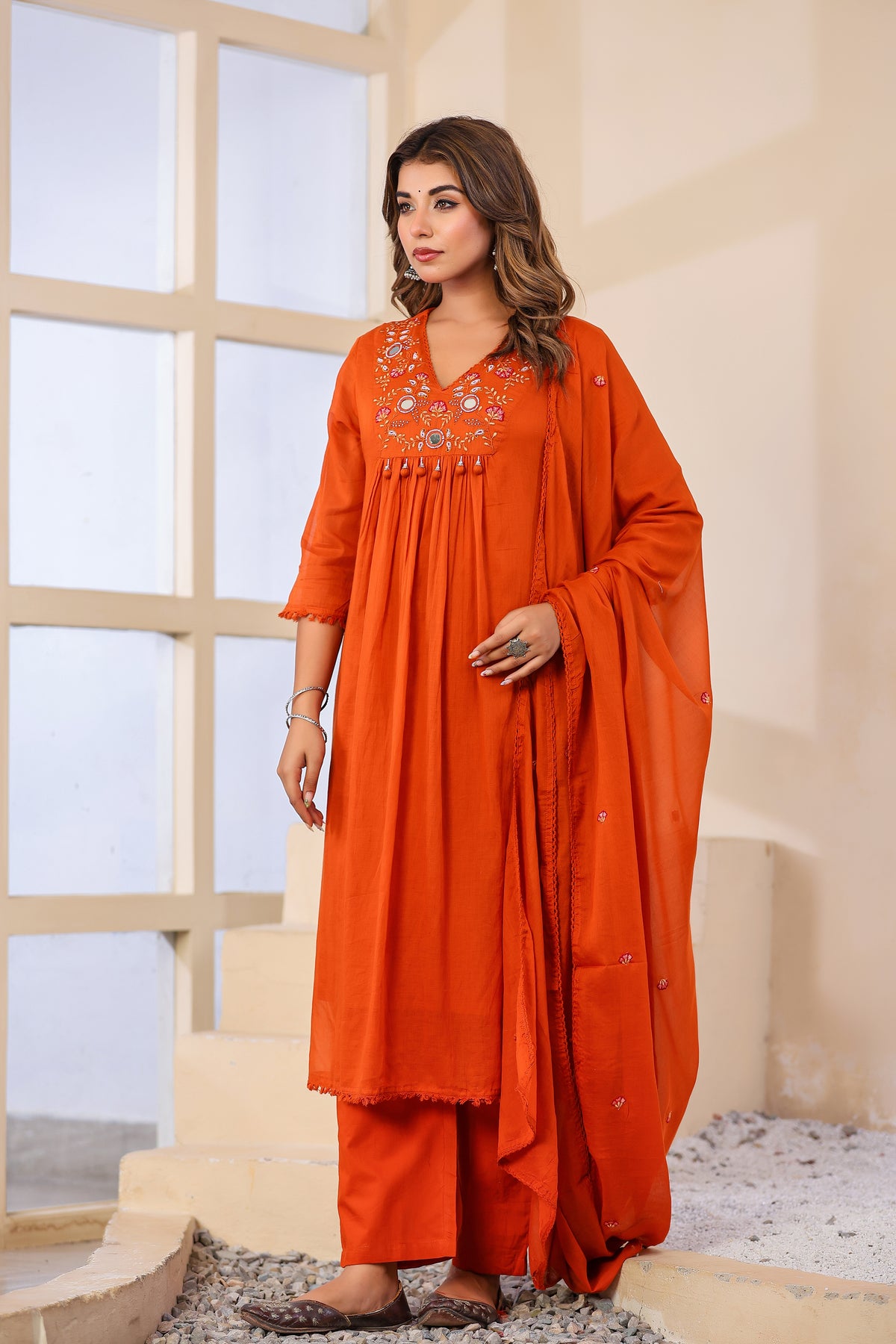 Rust Fabric Mall Cotton Kurti Plazo Dupatta 3Pcs Set