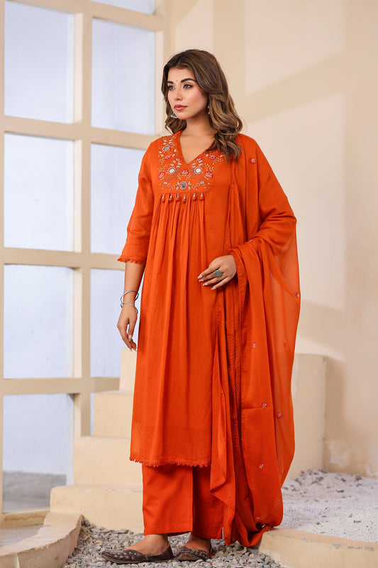 Rust Fabric Mall Cotton Kurti Pant Dupatta 3Pcs Set