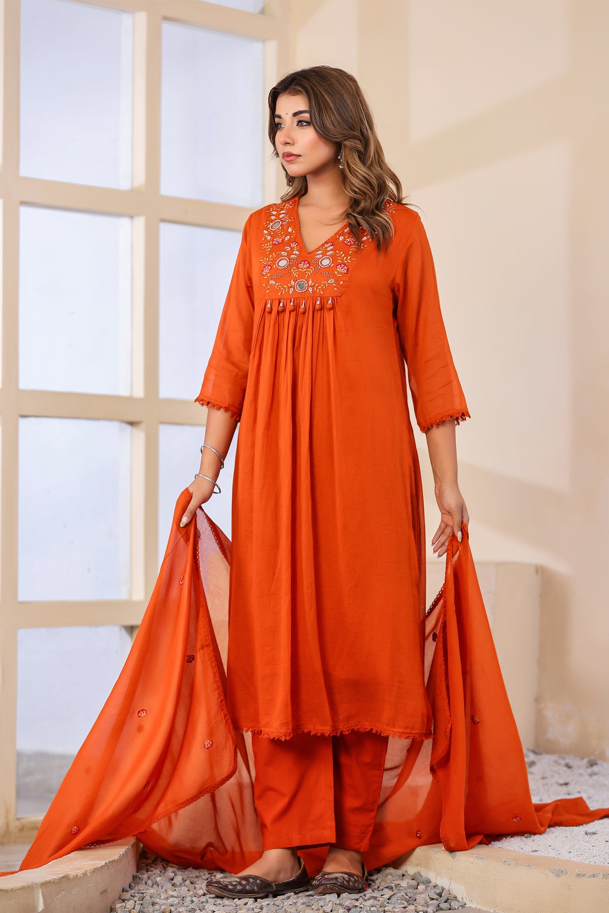 Rust Fabric Mall Cotton Kurti Plazo Dupatta 3Pcs Set