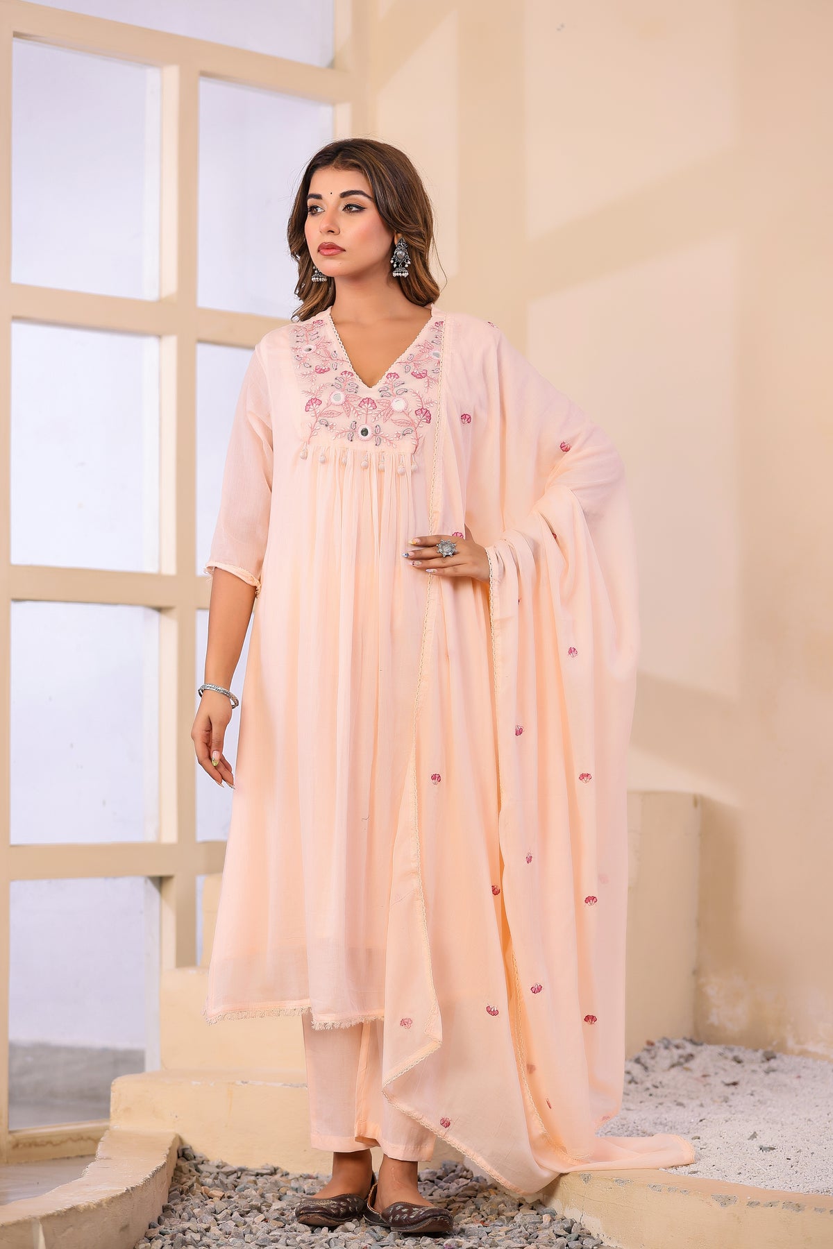 Peach Fabric Mall Cotton Kurti Pant Dupatta 3Pcs Set