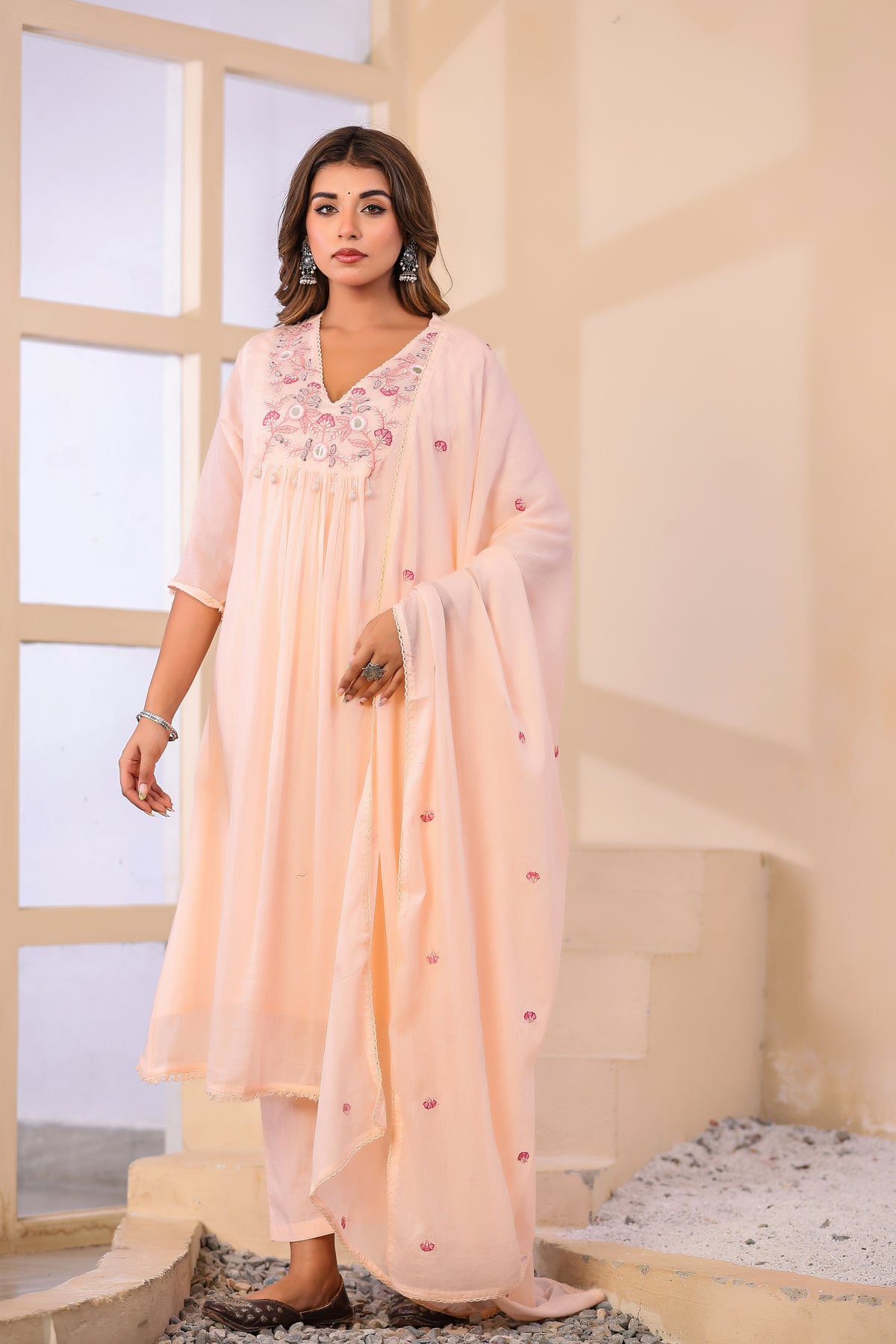 Peach Fabric Mall Cotton Kurti Pant Dupatta 3Pcs Set