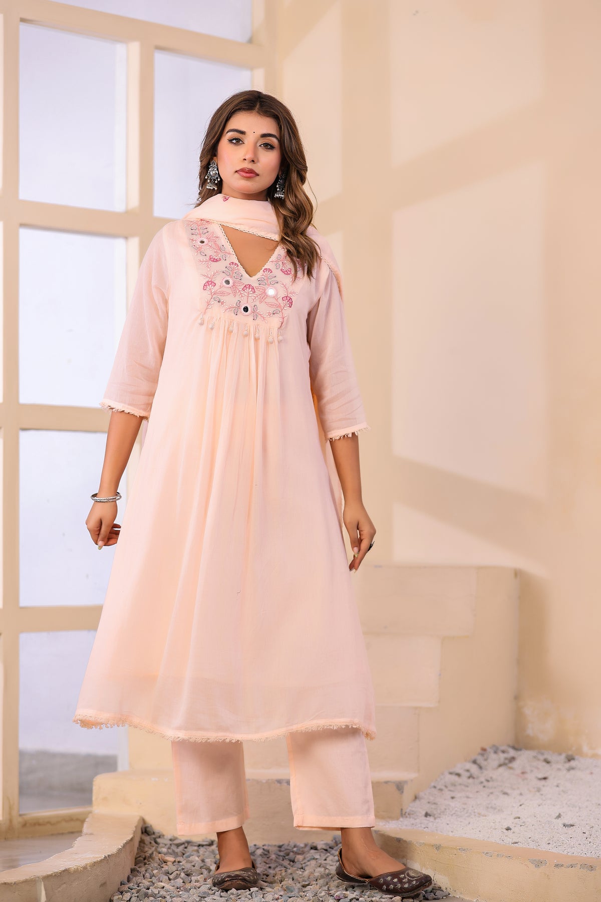 Peach Fabric Mall Cotton Kurti Pant Dupatta 3Pcs Set