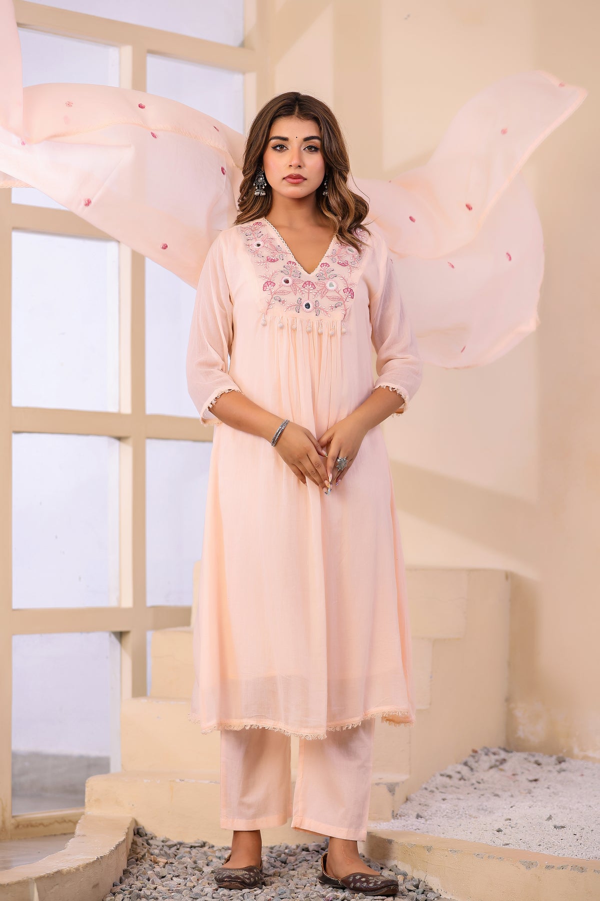 Peach Fabric Mall Cotton Kurti Pant Dupatta 3Pcs Set