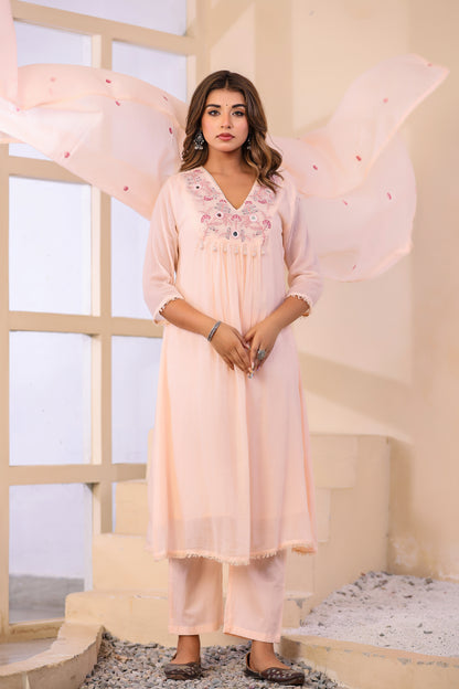 Peach Fabric Mall Cotton Kurti Pant Dupatta 3Pcs Set