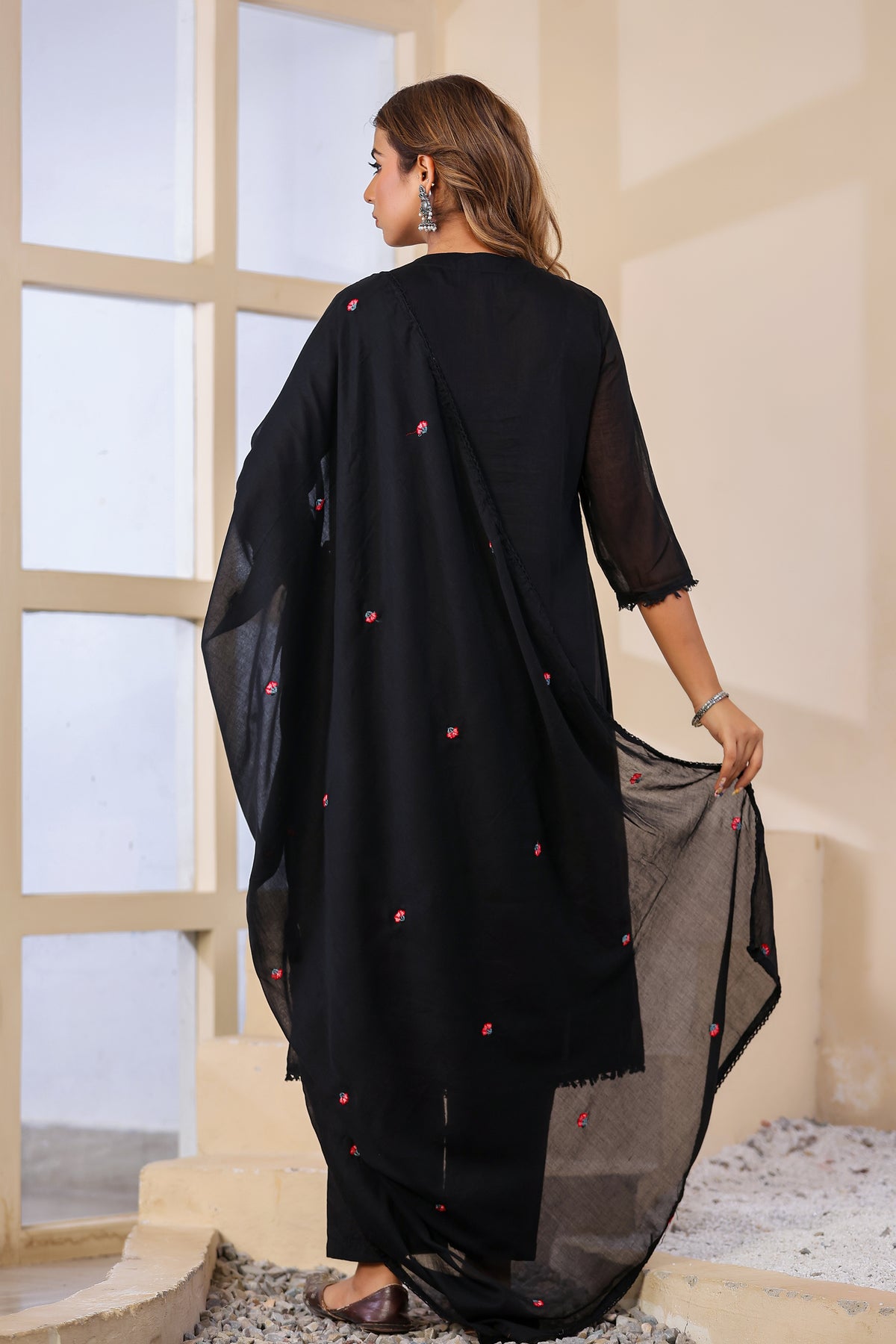 Black Fabric Mall Cotton Kurti Pant Dupatta 3Pcs Set