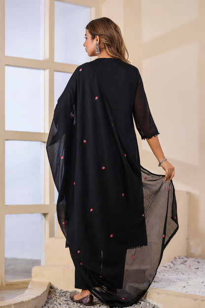 Black Fabric Mall Cotton Kurti Pant Dupatta 3Pcs Set