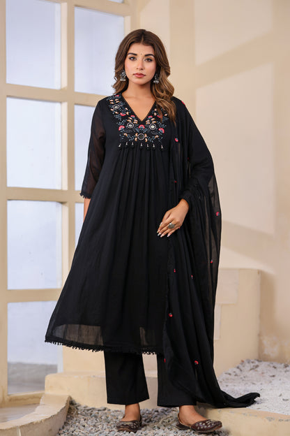 Black Fabric Mall Cotton Kurti Pant Dupatta 3Pcs Set