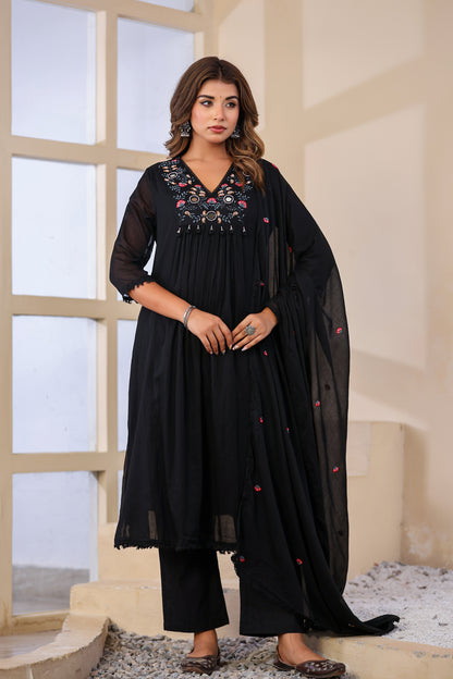 Black Fabric Mall Cotton Kurti Pant Dupatta 3Pcs Set
