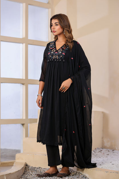 Black Fabric Mall Cotton Kurti Pant Dupatta 3Pcs Set