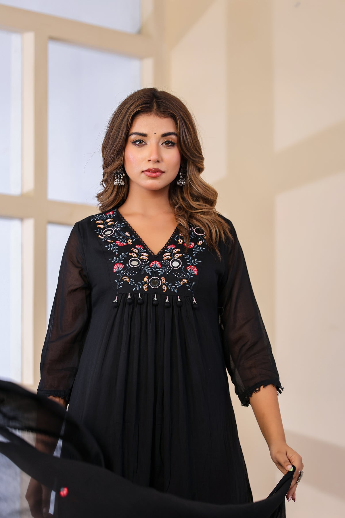 Black Fabric Mall Cotton Kurti Pant Dupatta 3Pcs Set