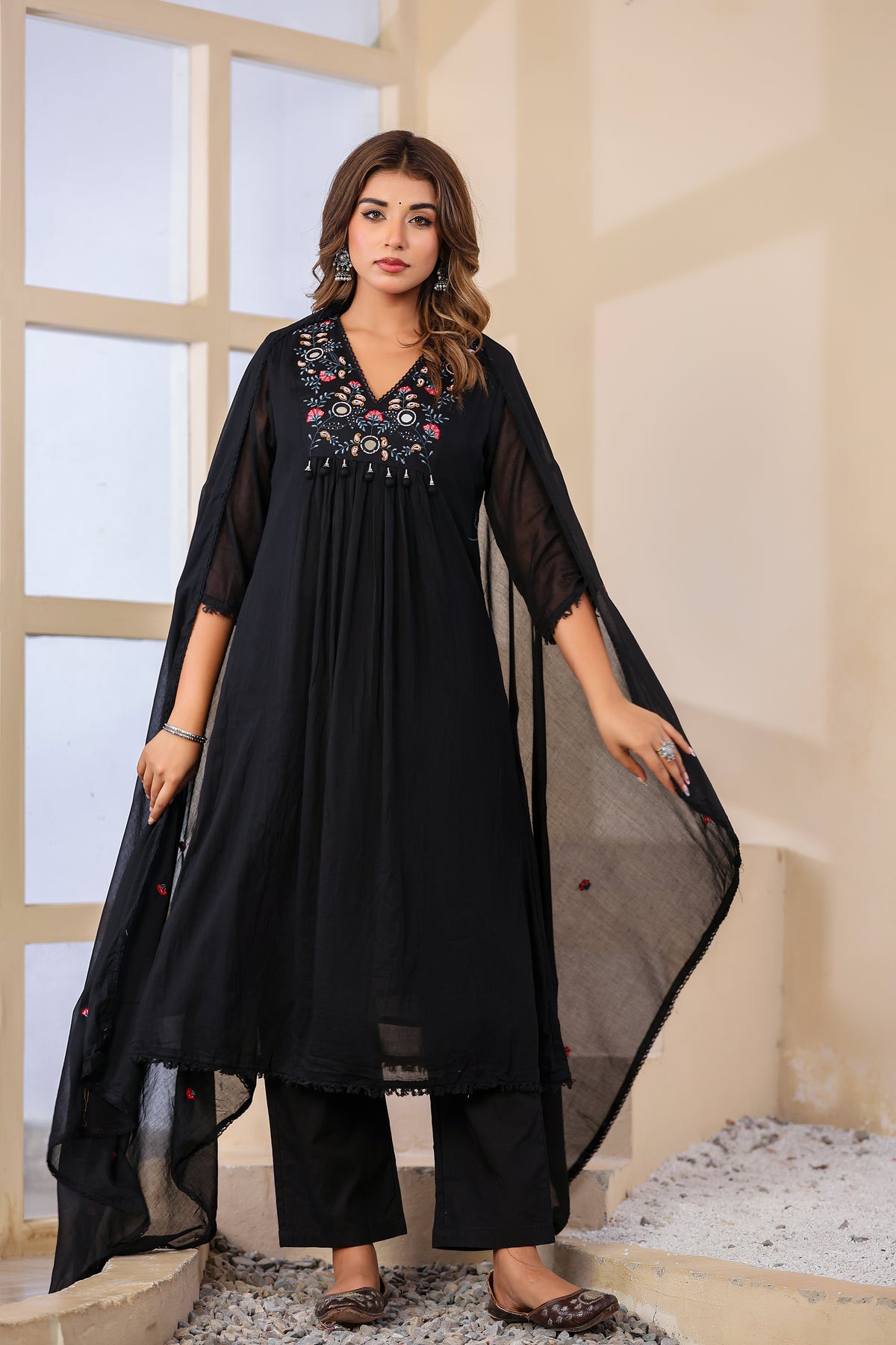 Black Fabric Mall Cotton Kurti Pant Dupatta 3Pcs Set