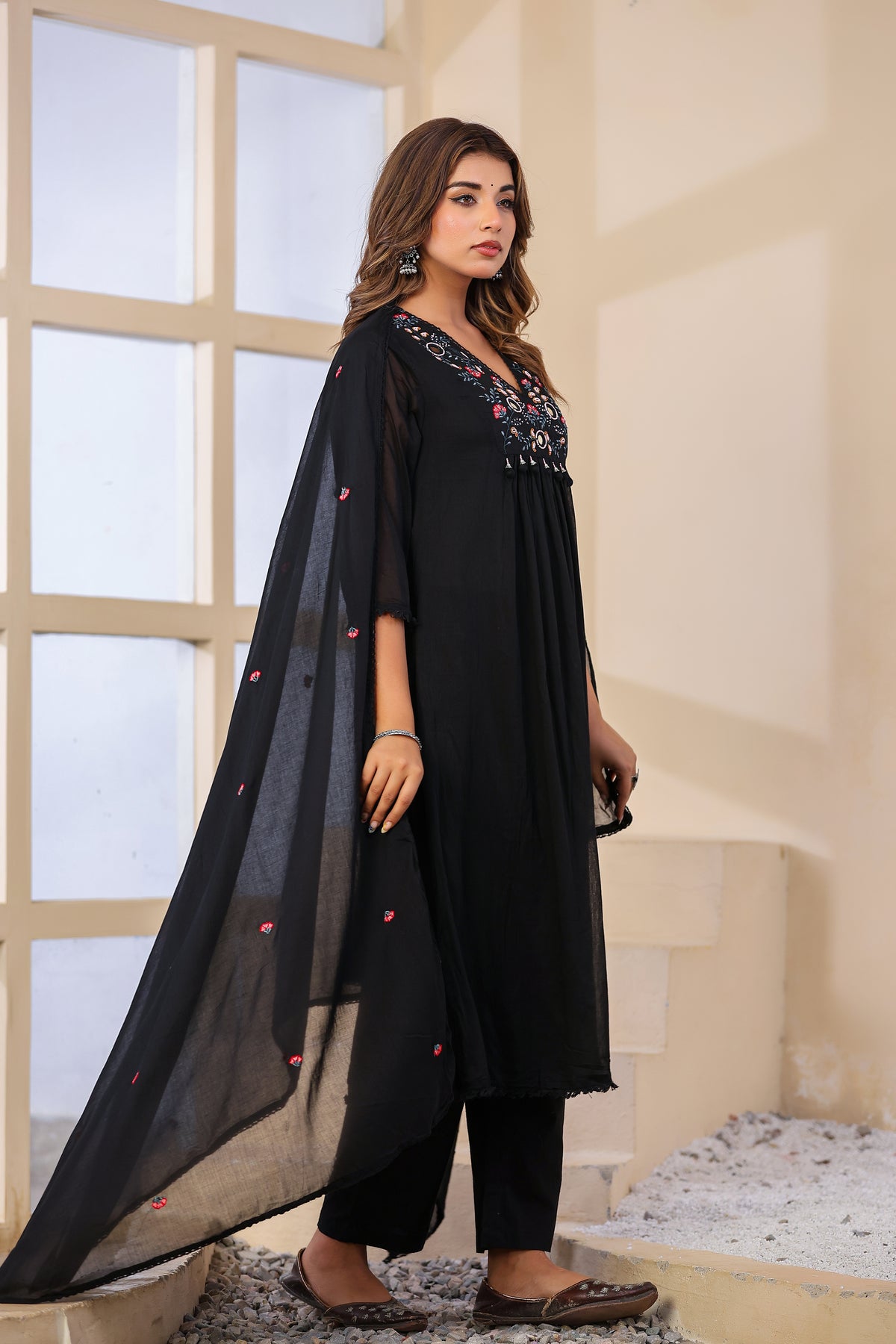 Black Fabric Mall Cotton Kurti Pant Dupatta 3Pcs Set