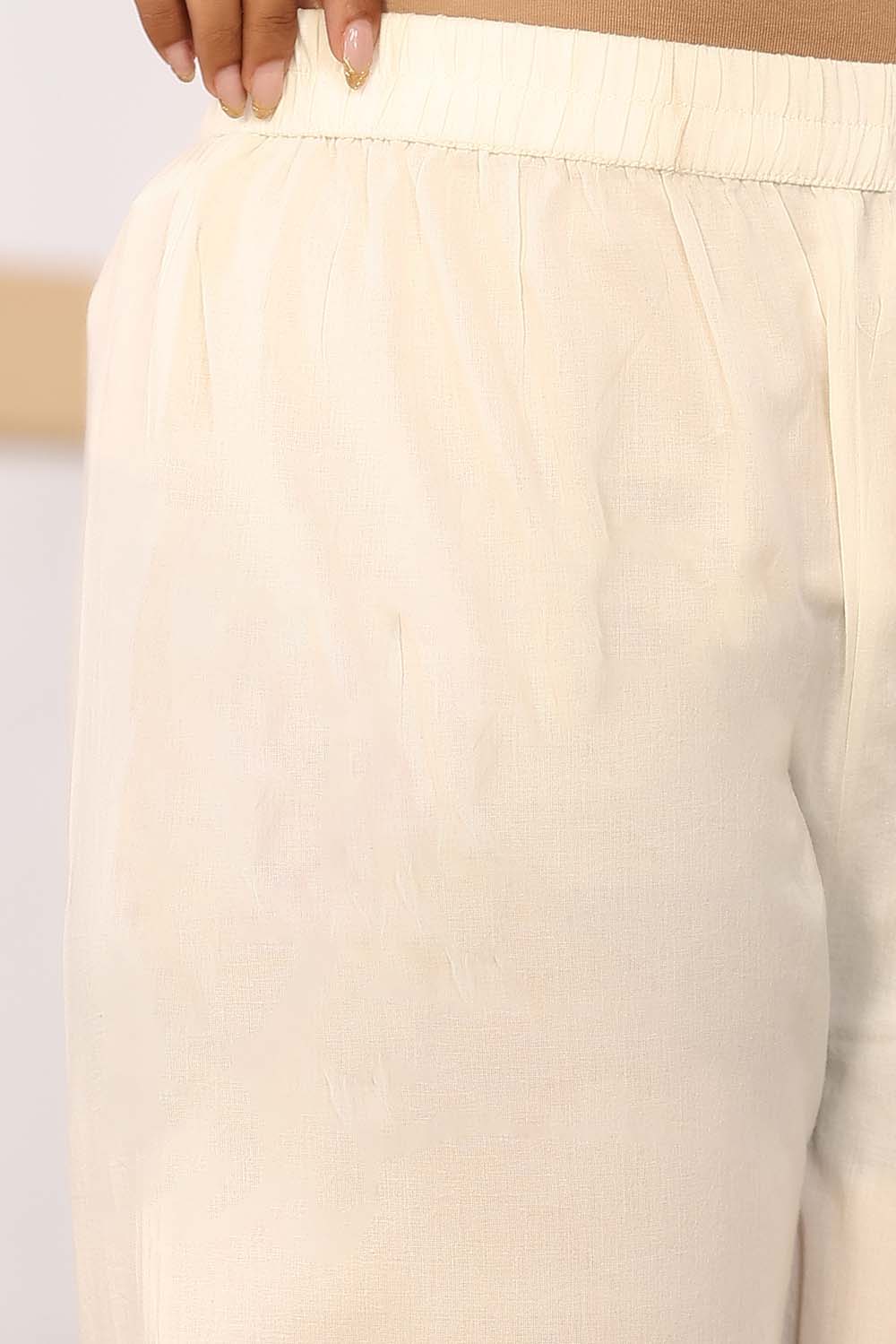 Cream Fabric Mall Cotton Kurti Plazo Dupatta 3Pcs Set