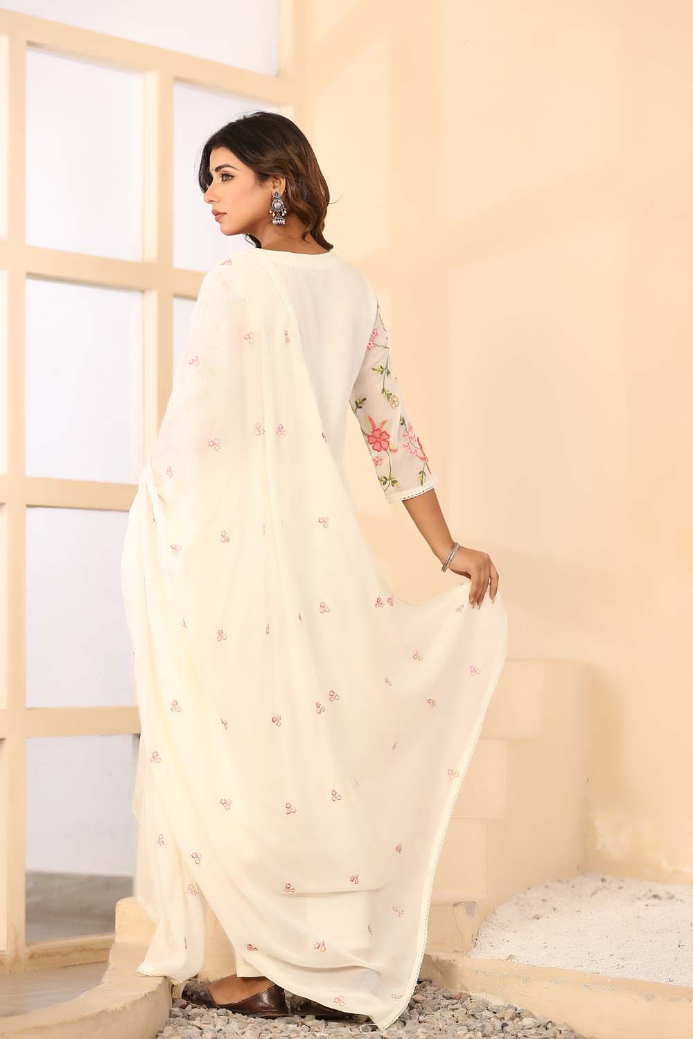 Cream Fabric Mall Cotton Kurti Plazo Dupatta 3Pcs Set