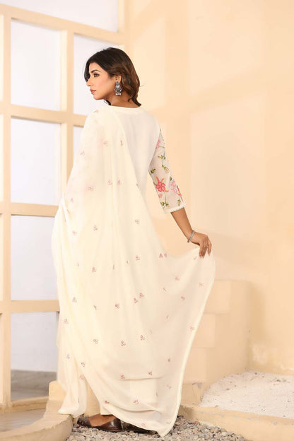 Cream Fabric Mall Cotton Kurti Plazo Dupatta 3Pcs Set