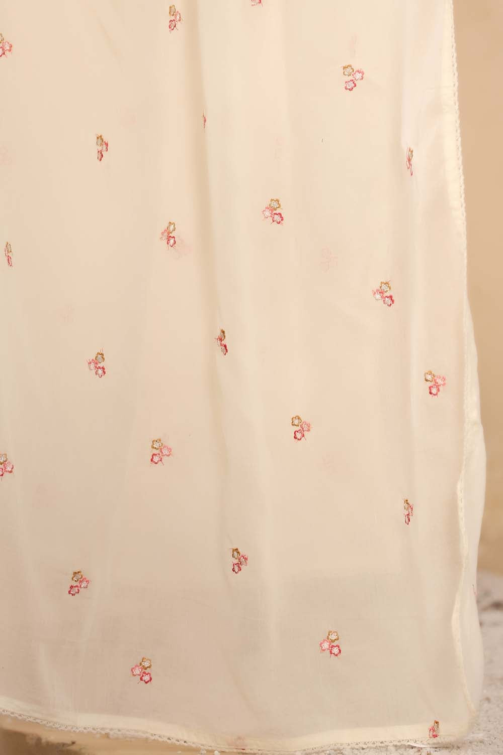 Cream Fabric Mall Cotton Kurti Plazo Dupatta 3Pcs Set