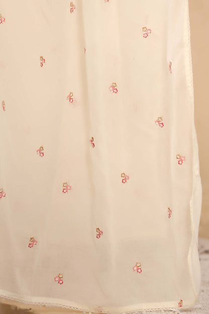 Cream Fabric Mall Cotton Kurti Plazo Dupatta 3Pcs Set