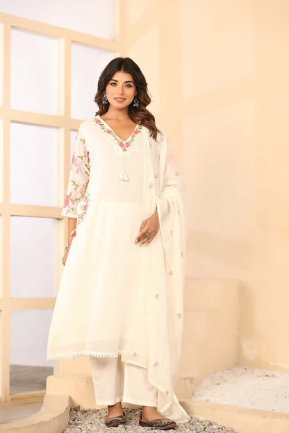 Cream Fabric Mall Cotton Kurti Plazo Dupatta 3Pcs Set