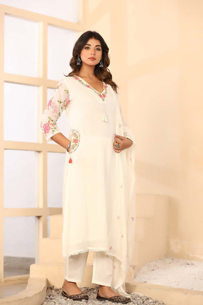 Cream Fabric Mall Cotton Kurti Plazo Dupatta 3Pcs Set