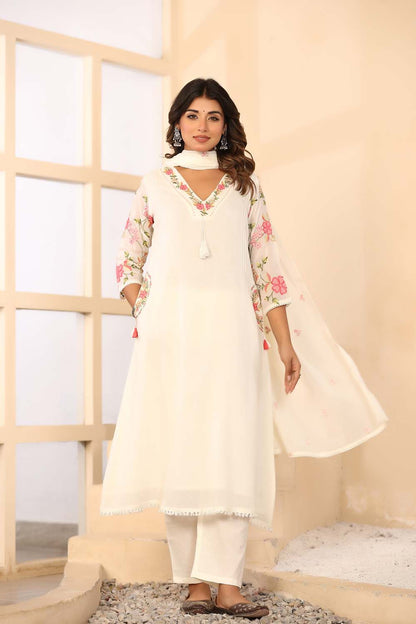 Cream Fabric Mall Cotton Kurti Plazo Dupatta 3Pcs Set