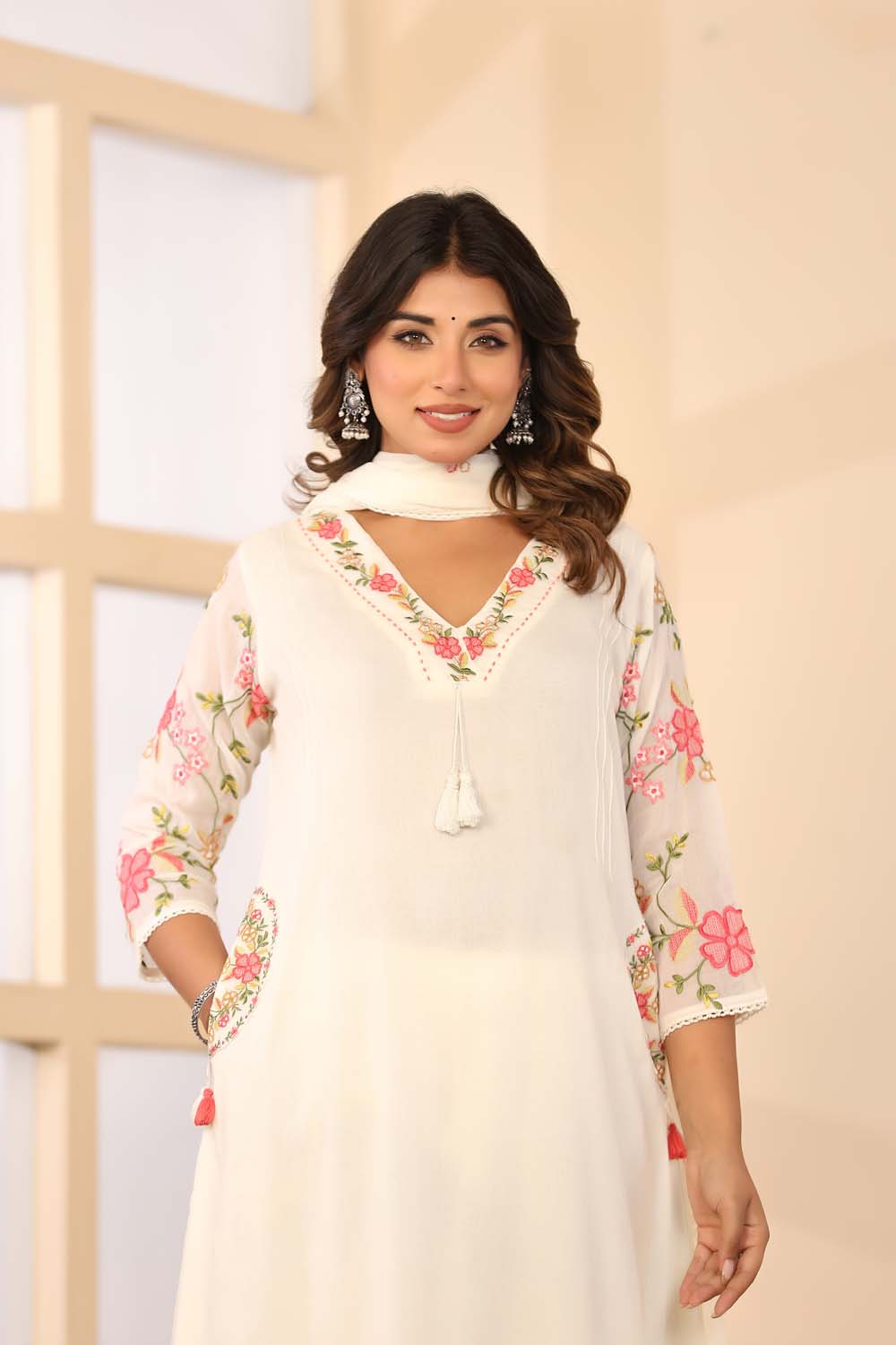 Cream Fabric Mall Cotton Kurti Plazo Dupatta 3Pcs Set