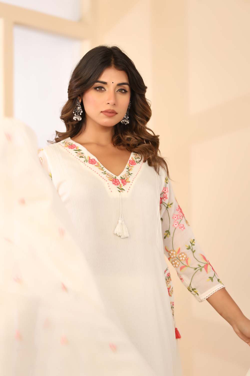 Cream Fabric Mall Cotton Kurti Plazo Dupatta 3Pcs Set