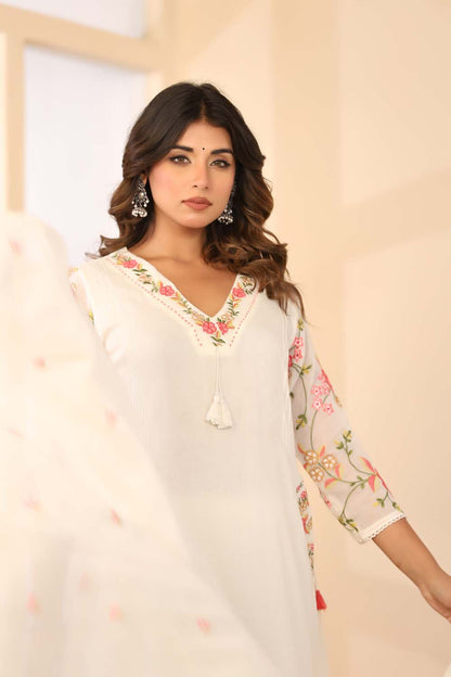 Cream Fabric Mall Cotton Kurti Plazo Dupatta 3Pcs Set