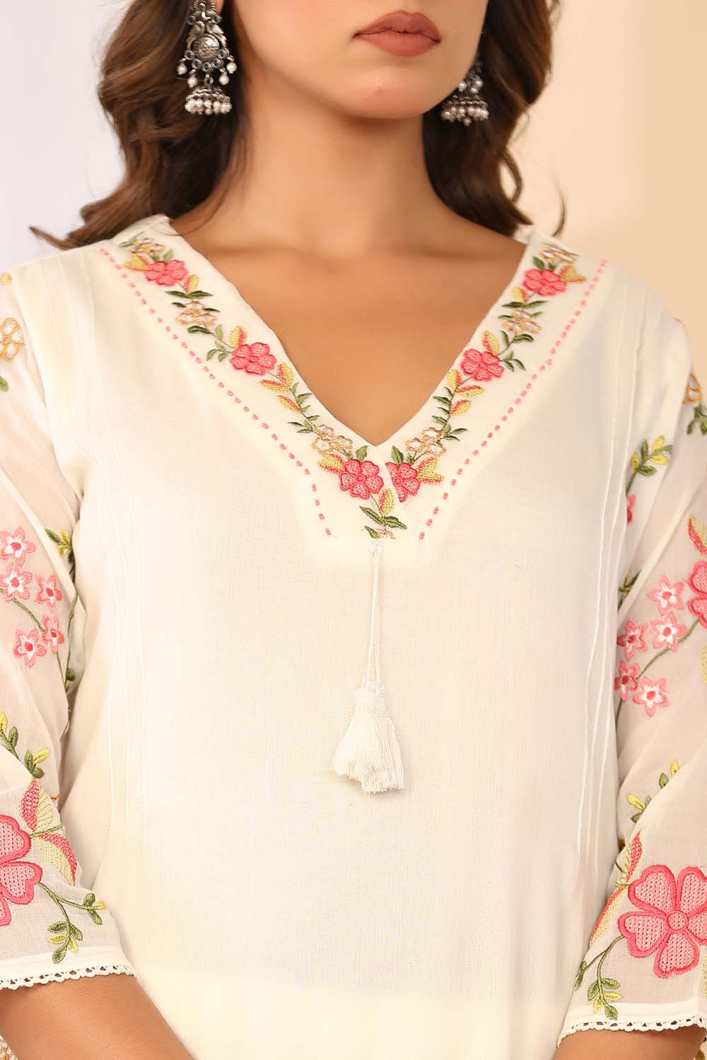 Cream Fabric Mall Cotton Kurti Plazo Dupatta 3Pcs Set