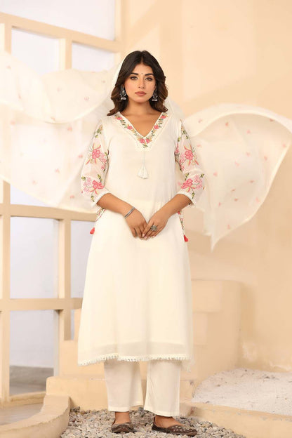 Cream Fabric Mall Cotton Kurti Plazo Dupatta 3Pcs Set