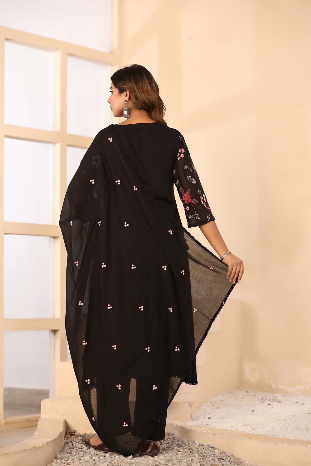 Black Fabric Mall Cotton Kurti Plazo Dupatta 3Pcs Sets
