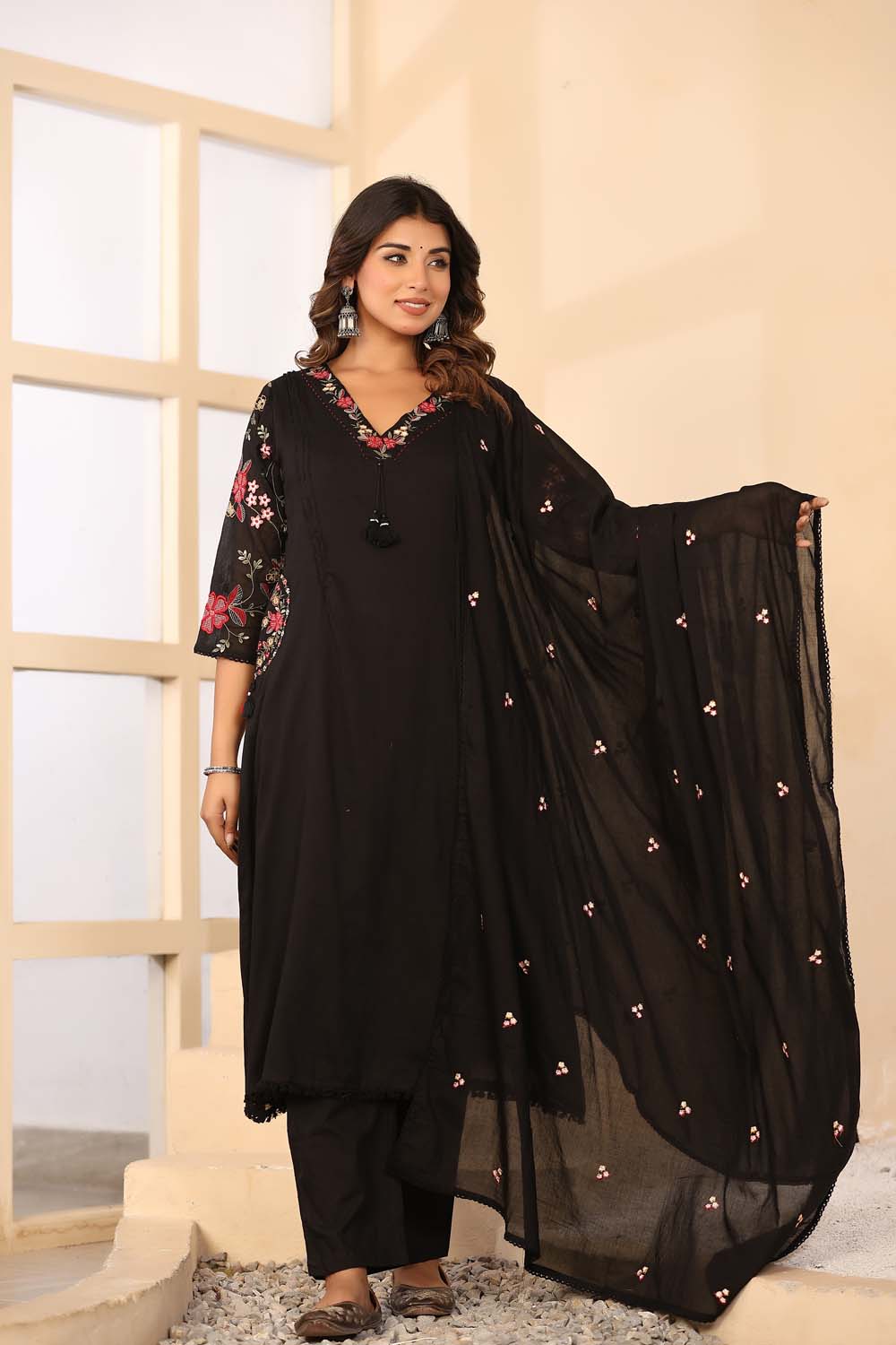 Black Fabric Mall Cotton Kurti Plazo Dupatta 3Pcs Sets