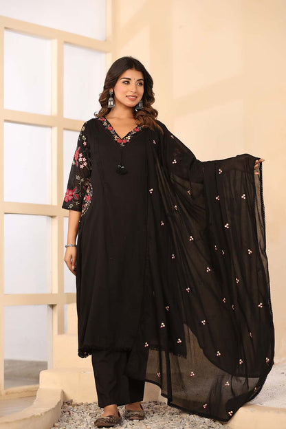 Black Fabric Mall Cotton Kurti Plazo Dupatta 3Pcs Sets