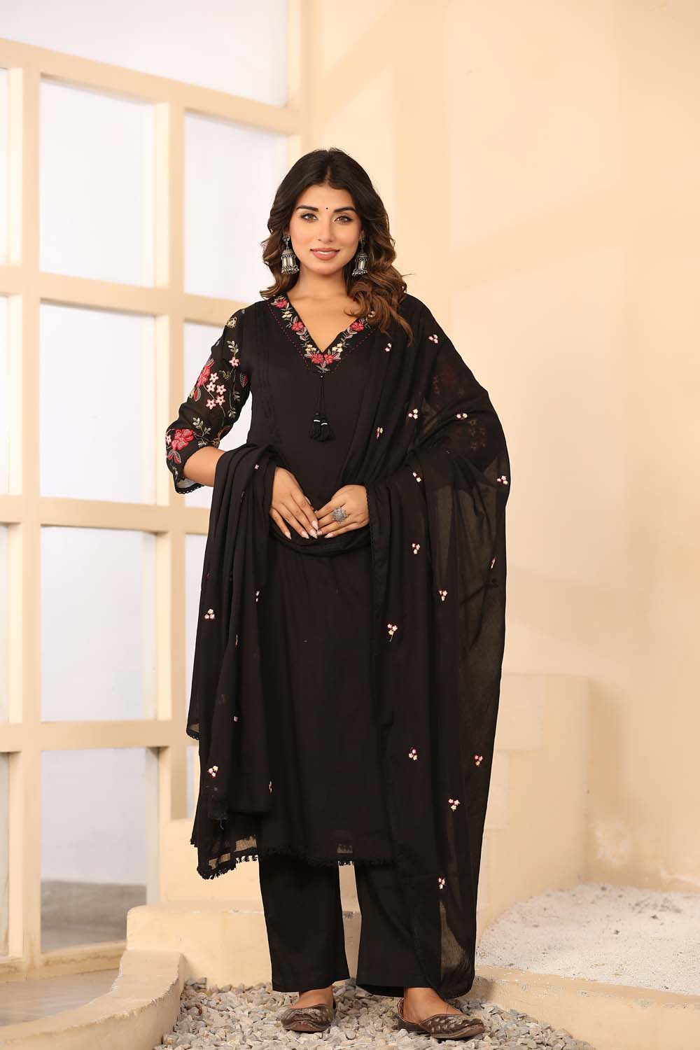 Black Fabric Mall Cotton Kurti Plazo Dupatta 3Pcs Sets