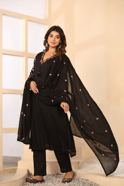Black Fabric Mall Cotton Kurti Plazo Dupatta 3Pcs Sets