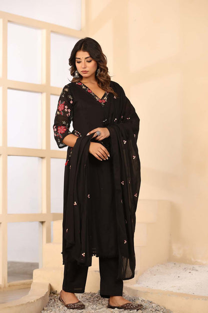 Black Fabric Mall Cotton Kurti Plazo Dupatta 3Pcs Sets