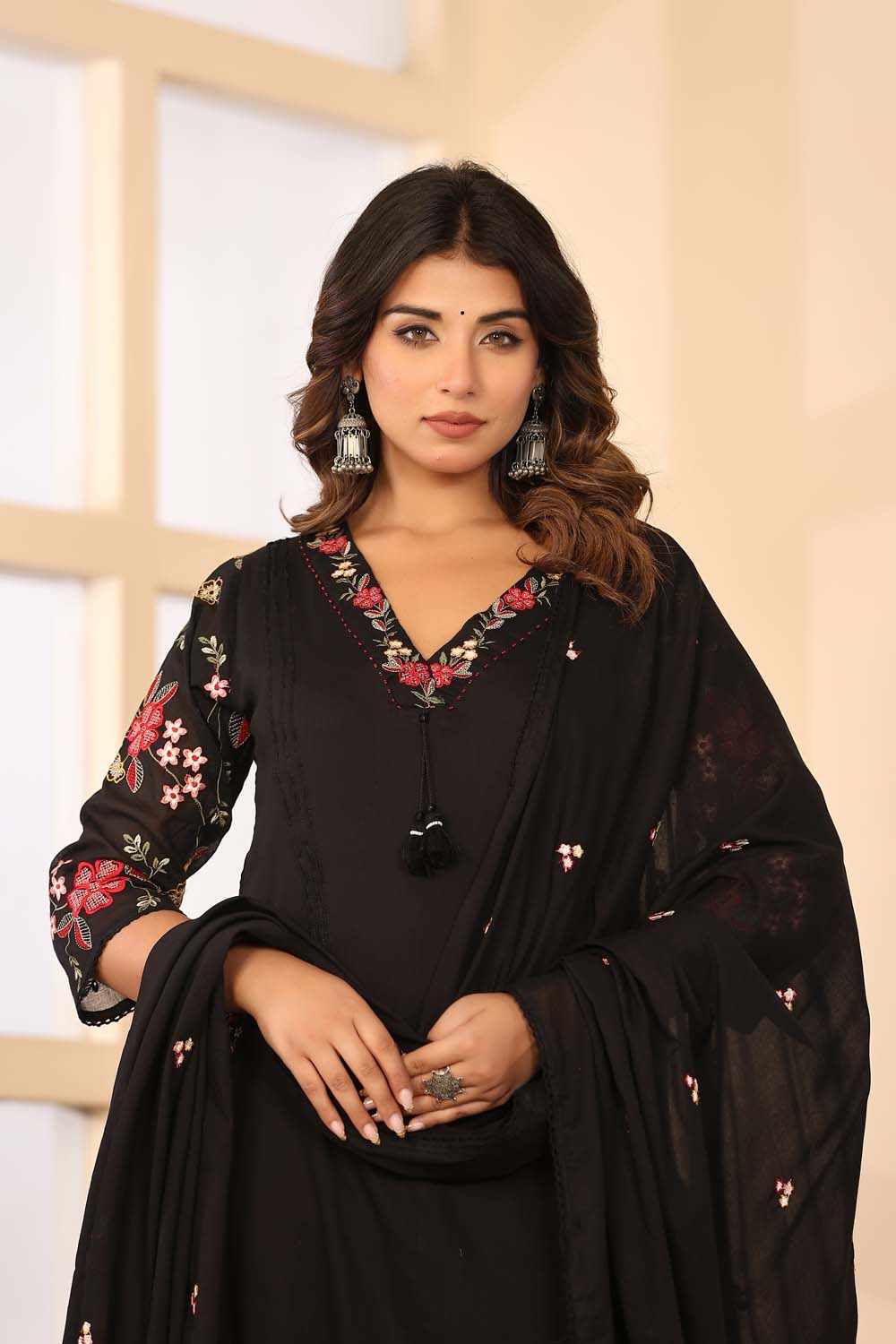 Black Fabric Mall Cotton Kurti Plazo Dupatta 3Pcs Sets