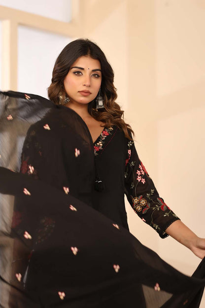 Black Fabric Mall Cotton Kurti Plazo Dupatta 3Pcs Sets