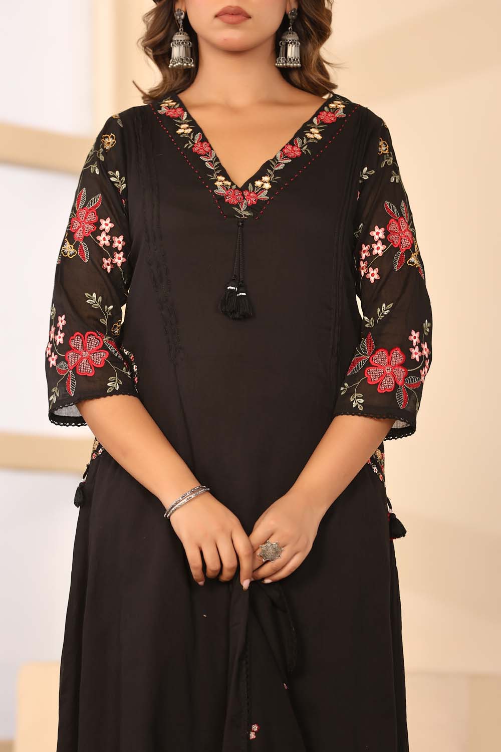 Black Fabric Mall Cotton Kurti Plazo Dupatta 3Pcs Sets