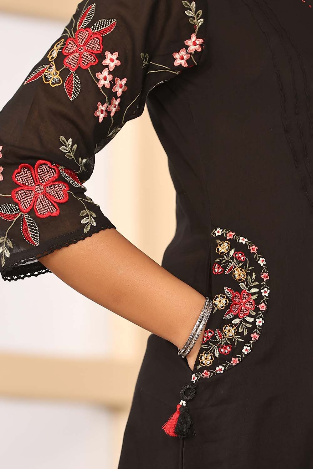 Black Fabric Mall Cotton Kurti Plazo Dupatta 3Pcs Sets