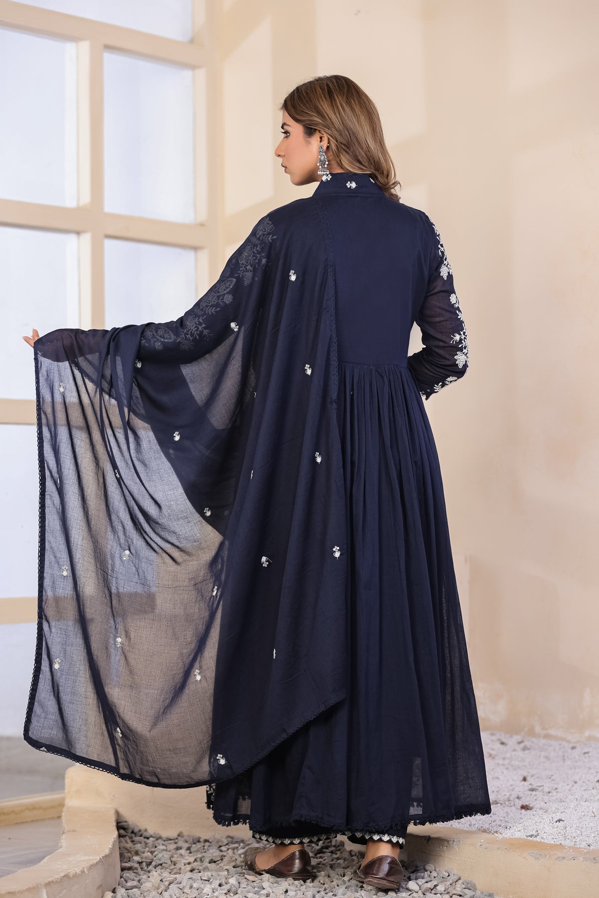 Navy Blue Fabric Mall Cotton Kurti Pant Dupatta 3Pcs Set