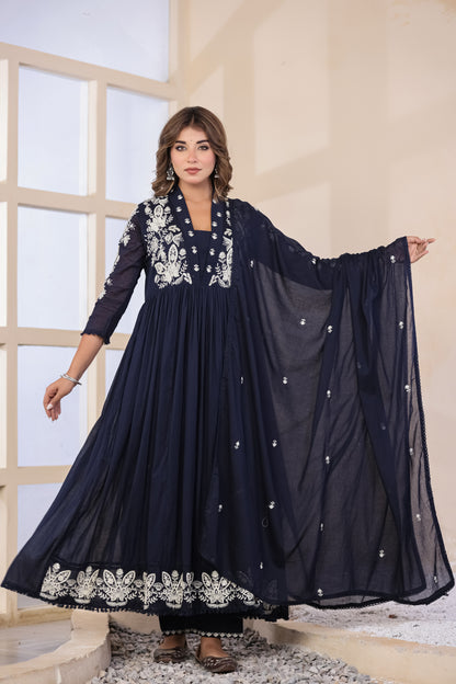 Navy Blue Fabric Mall Cotton Kurti Pant Dupatta 3Pcs Set
