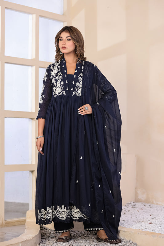 Navy Blue Fabric Mall Cotton Kurti Pant Dupatta 3Pcs Set
