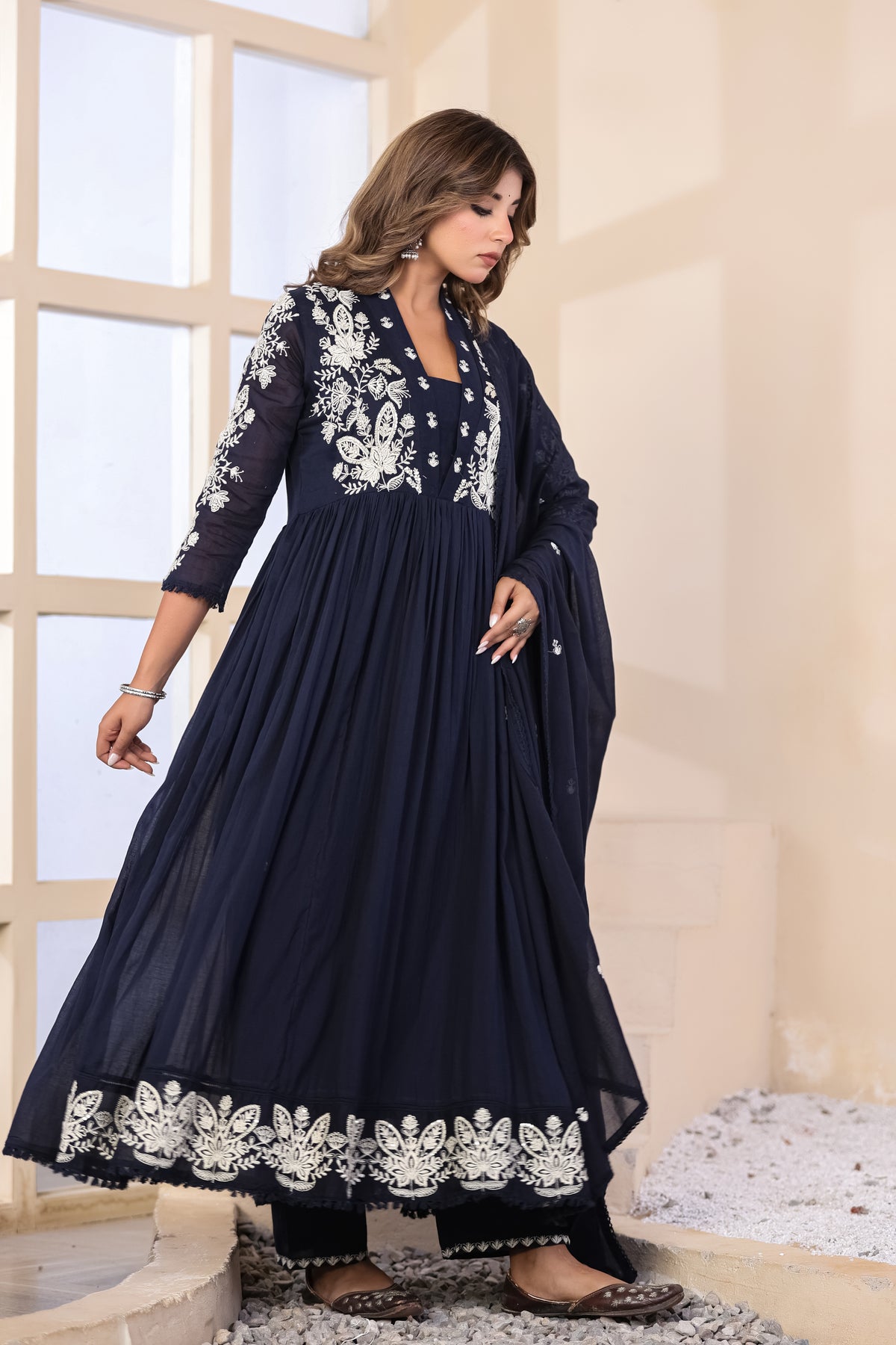 Navy Blue Fabric Mall Cotton Kurti Pant Dupatta 3Pcs Set