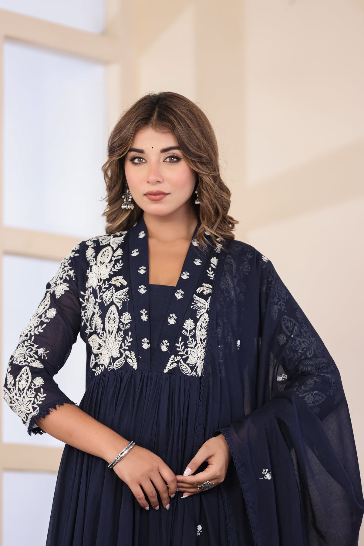 Navy Blue Fabric Mall Cotton Kurti Pant Dupatta 3Pcs Set