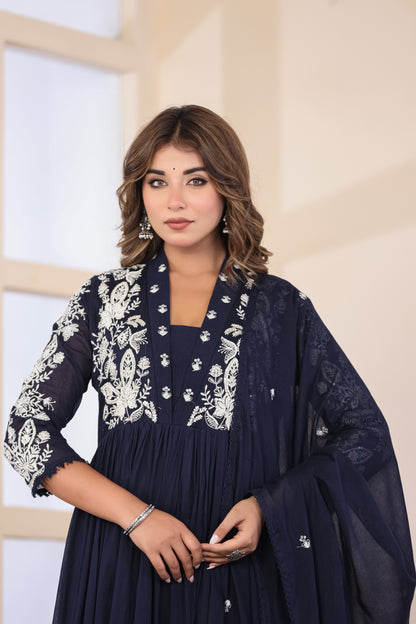 Navy Blue Fabric Mall Cotton Kurti Pant Dupatta 3Pcs Set