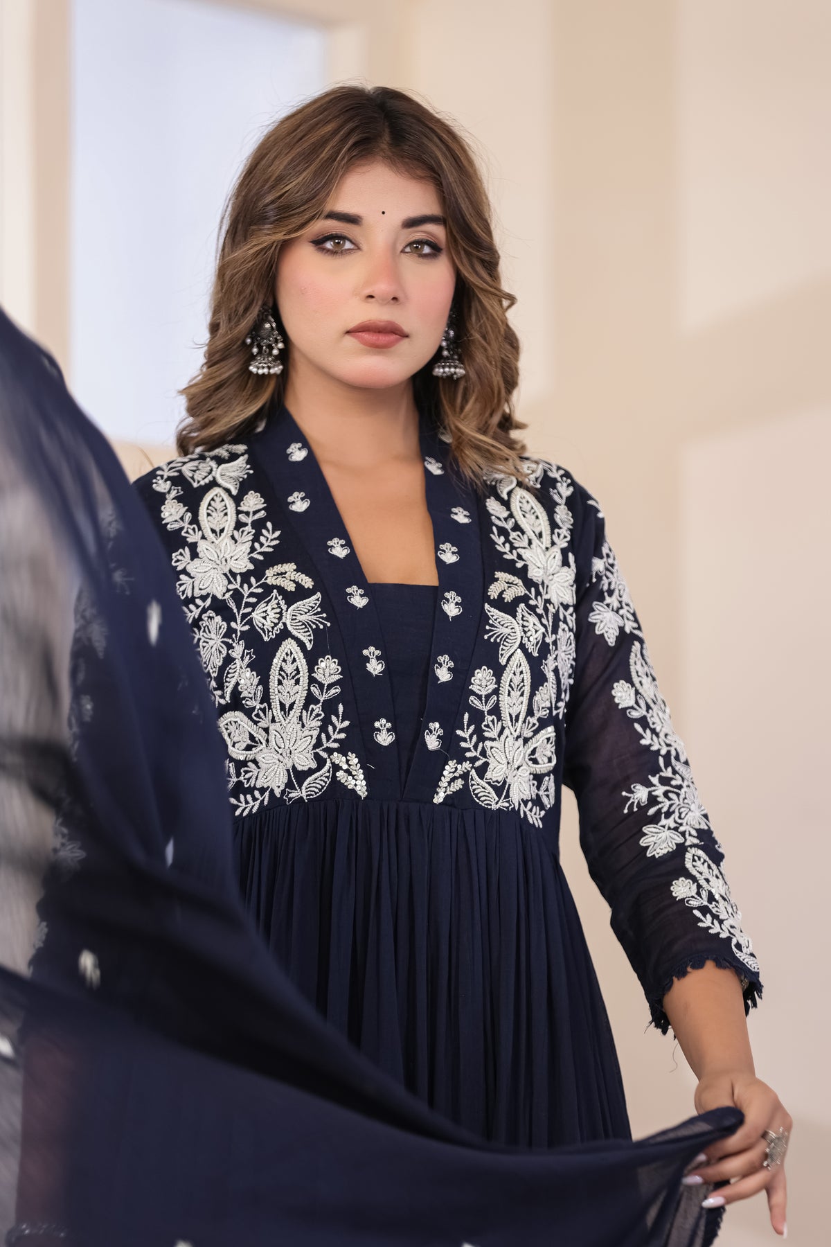 Navy Blue Fabric Mall Cotton Kurti Pant Dupatta 3Pcs Set