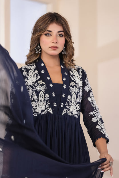 Navy Blue Fabric Mall Cotton Kurti Pant Dupatta 3Pcs Set