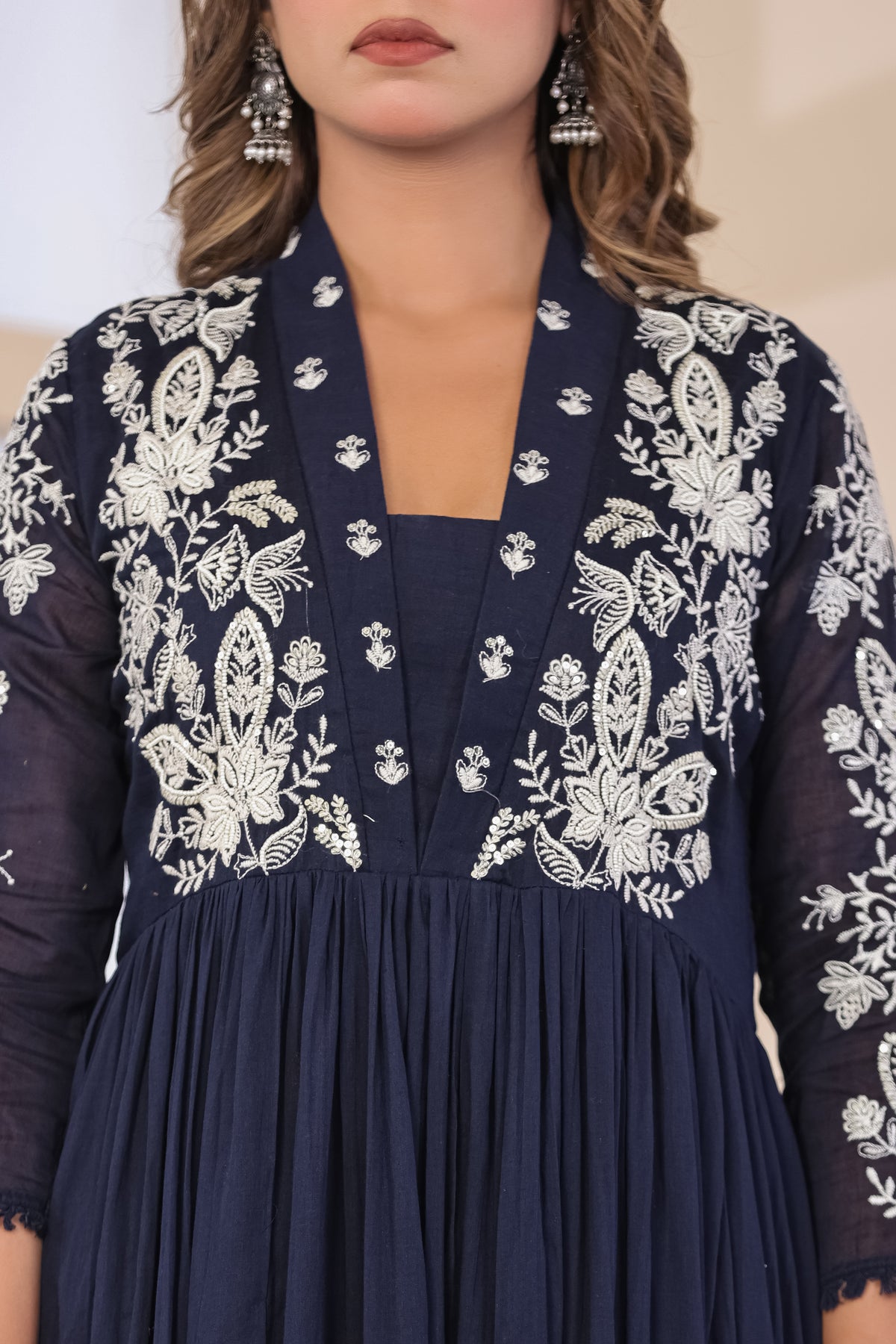 Navy Blue Fabric Mall Cotton Kurti Pant Dupatta 3Pcs Set